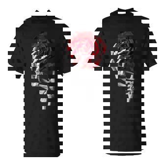 Skeleton Hand Red Rose Flower T-Shirt - Monsterry