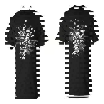 Skeleton Rock Hand Drumming Cool Skeleton Drummer Drumsticks T-Shirt - Monsterry
