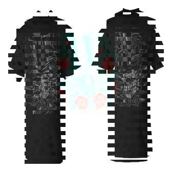 Skeleton Skull Red Rose Guns Top Hat Tank Top T-Shirt - Monsterry