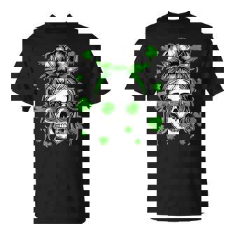 Skull Woman Messy Bun Hair Sunglasses Patrick's Day Clovers T-Shirt - Monsterry