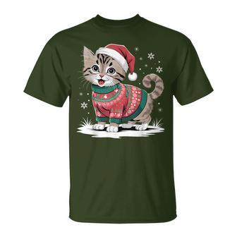 Cat Wearing Ugly Christmas Jumper And Santa Hat Cute Kitten T-Shirt - Geschenkecke