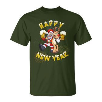 Happy New Year Santa With Rudolph The Reindeer Party T-Shirt - Geschenkecke