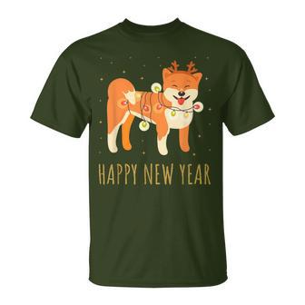 Happy Shiba Dog Celebrates New Year's Eve In Christmas Lights T-Shirt - Geschenkecke