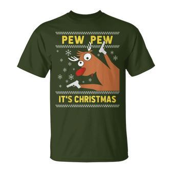 Ugly Christmas Sweater Pew Pew Crazy Reindeer Xmas T-Shirt - Geschenkecke