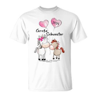 Children's Big Sister 2025 Horses Baby Pregnancy Announcement Gray T-Shirt - Geschenkecke