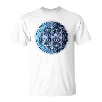 Flower Of Life With Earth Sacred Geometry Yoga Blue T-Shirt - Geschenkecke