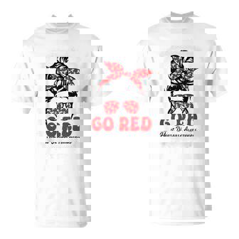 Go Red For American Heart Disease Awareness Messy Bun T-Shirt | Mazezy