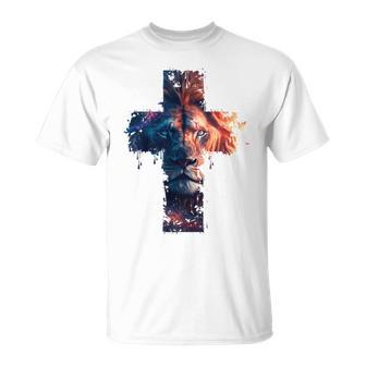 Lion Of Judah Cross Jesus Christ Christian Faith Graphic Blue T-Shirt - Geschenkecke