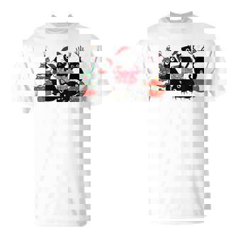 Meowy Christmas Cats Play Christmas Tree Lights Cats T-Shirt - Monsterry