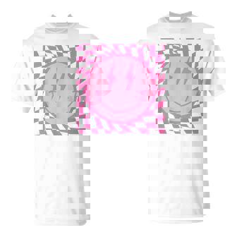Retro Happy Smile Face Smiling Checkered Pattern Pink Trendy T-Shirt | Seseable UK