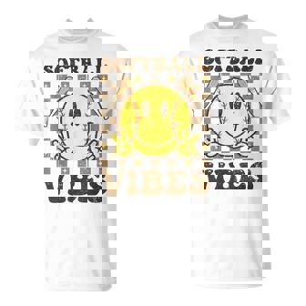 Softball Vibes Retro Groovy Smile Face Softball Game Day T-Shirt - Monsterry