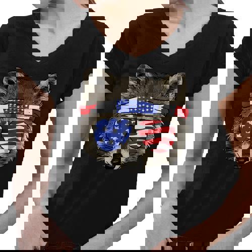 Patriotic Raccoon V-Neck T-Shirt for Women | 4th of July Trash Panda - Raccsy