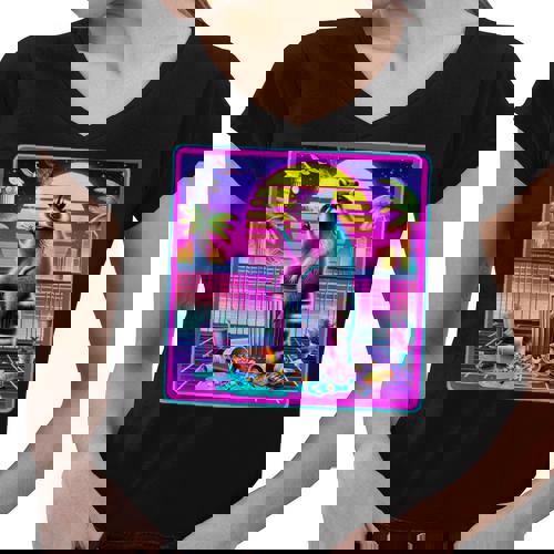 Vaporwave Raccoon Vibe - Women's V-Neck Tee | Synthwave & Meme Chic - Raccsy