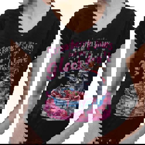 Women's Raccoon V-Neck T-Shirt - Quirky Strawberry Jam Design - Raccsy