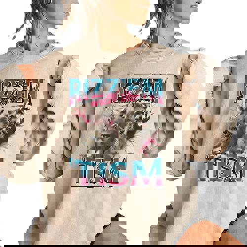 Rizz Em With The Tism Meme Autism Autistic Raccoon Women's Oversized Sweatshirt - Raccsy DE