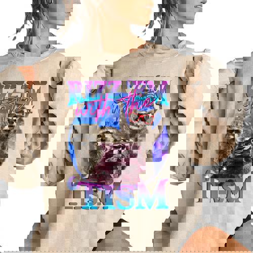 Rizz Em With The Tism Retro Raccoon Meme Women's Oversized Sweatshirt - Raccsy AU