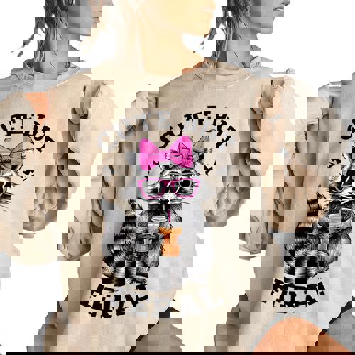 Cute But Feral Colorful Racoon With Sunglasses Racoon Small Women's Oversized Sweatshirt - Raccsy