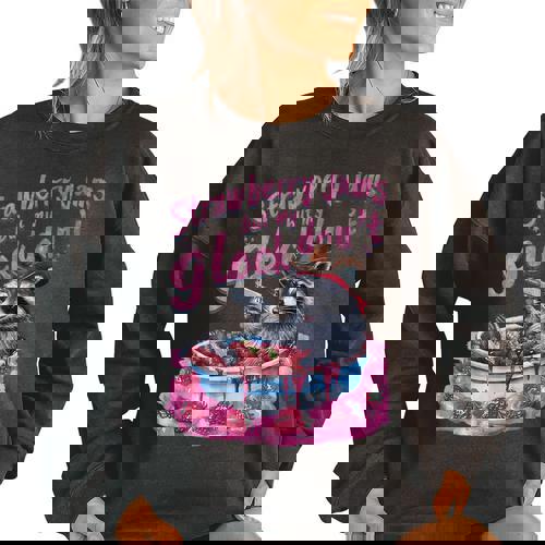 Strawberry Jams But My Dont Raccoon Women's Oversized Sweatshirt - Raccsy