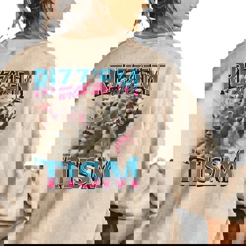Rizz Em With The Tism Meme Autism Autistic Raccoon Women's Oversized Sweatshirt Back Print - Raccsy