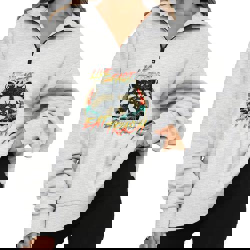 Raccoon Retro Half-Zip Sweatshirt - Live Fast Eat Trash Style - Raccsy