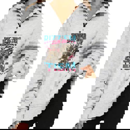 Rizz Em With The Tism Meme Autism Autistic Raccoon Half Zip Oversized Sweatshirt - Raccsy
