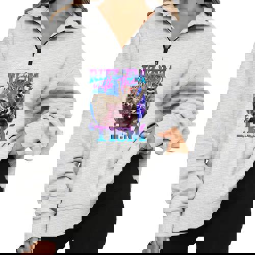 Rizz Em With The Tism Retro Raccoon Meme Half Zip Oversized Sweatshirt - Raccsy AU
