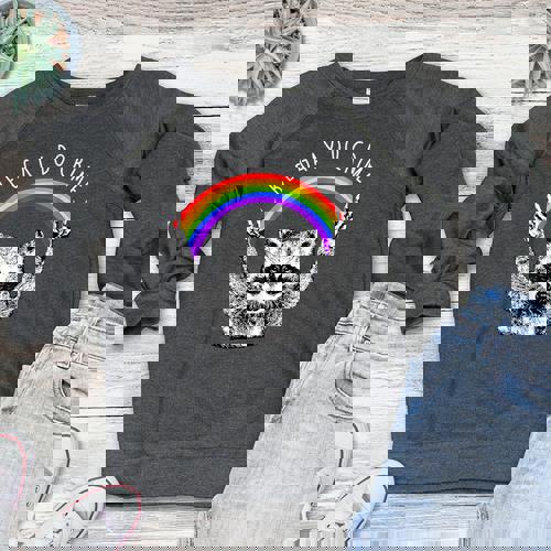 Raccoon LGBTQ Pride Women's Crewneck | Rainbow Raglan Sweatshirt - Raccsy