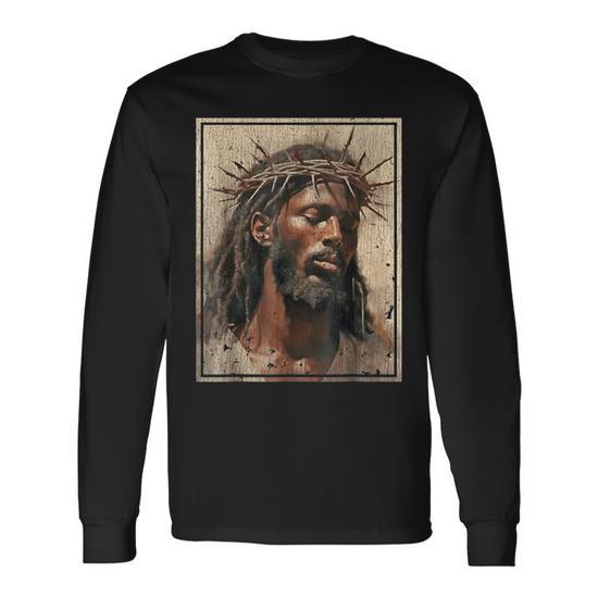 Black Jesus Face Of Jesus Cross With Crown Of Thorns Long Sleeve T