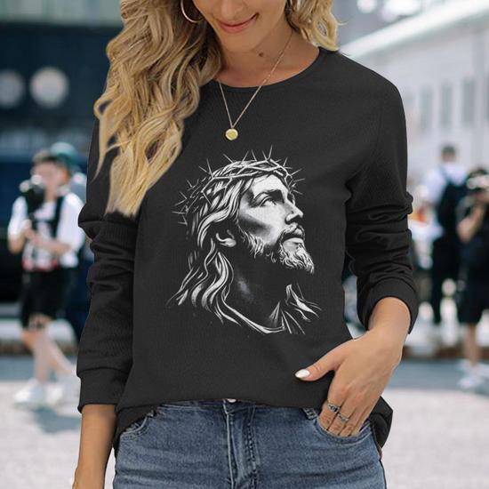 Jesus Christ Face With Crown Of Thorns God Bible Long Sleeve T