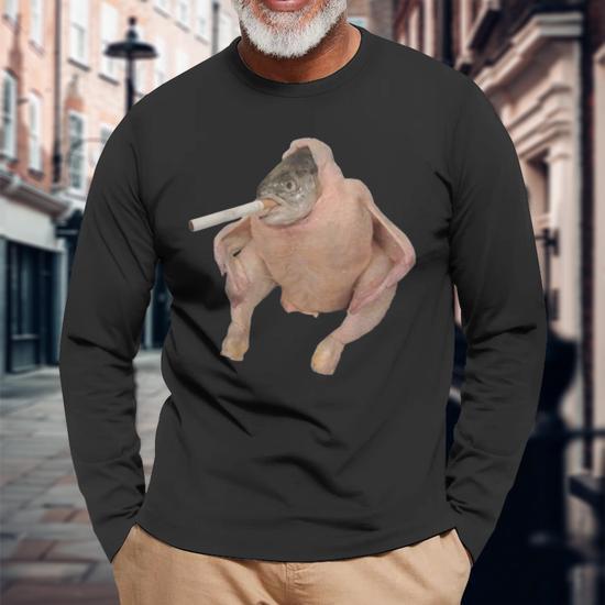 Fish Chicken Face Smoking a Cigarette Funny Meme Long Sleeve T-Shirt