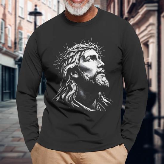 Jesus Christ Face With Crown Of Thorns God Bible Long Sleeve T