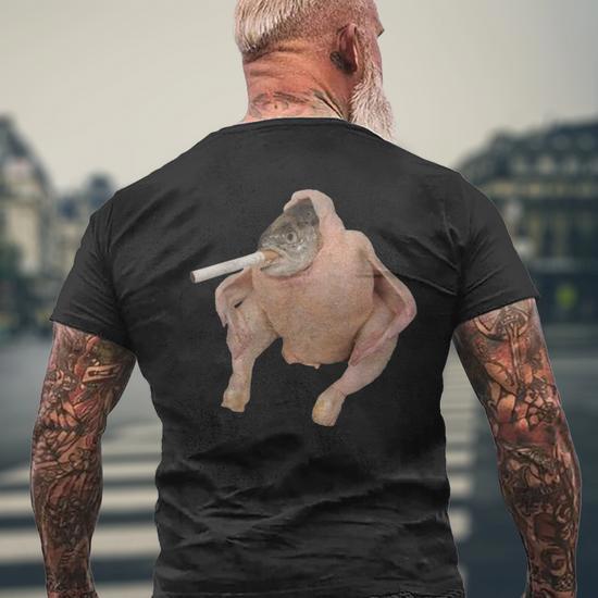 funny gifts for cigarette smokers uk Fish Chicken Face Smoking a Cigarette Funny Meme Men's Back Print T-Shirt