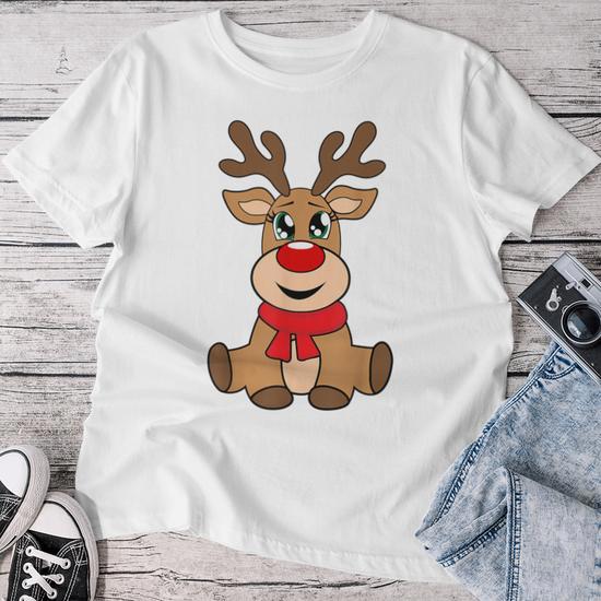 Camiseta Navideña Para Mujer Con Estampado De Reno Rudolph - Manga Corta Y Tejido Suave | Tallas De La 8 A La 26