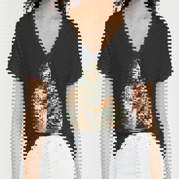 Distressed Jesus & Raccoon Women's V-Neck | Vintage Faith Tee