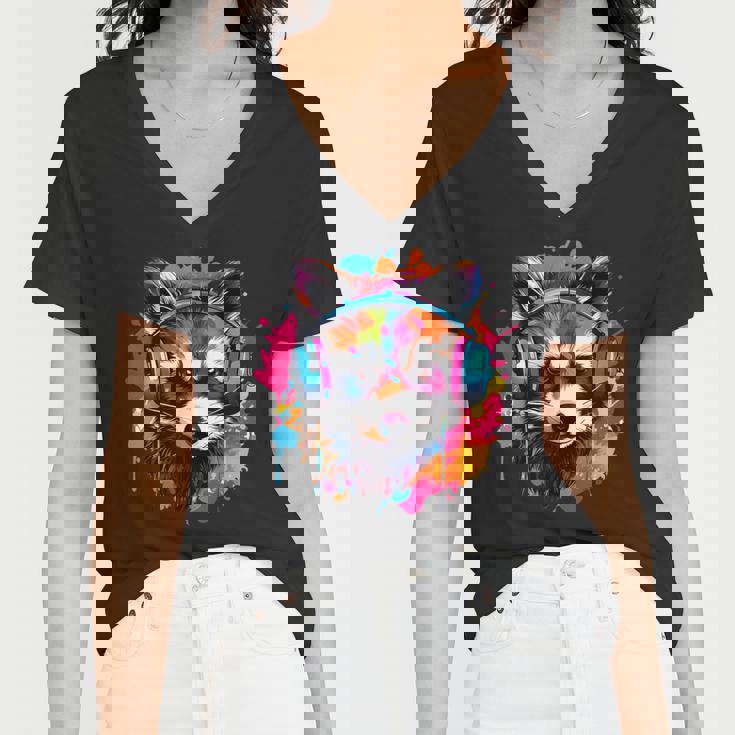 Retro Raccoon Women's V-Neck T-Shirt - Colorful Headphones Design