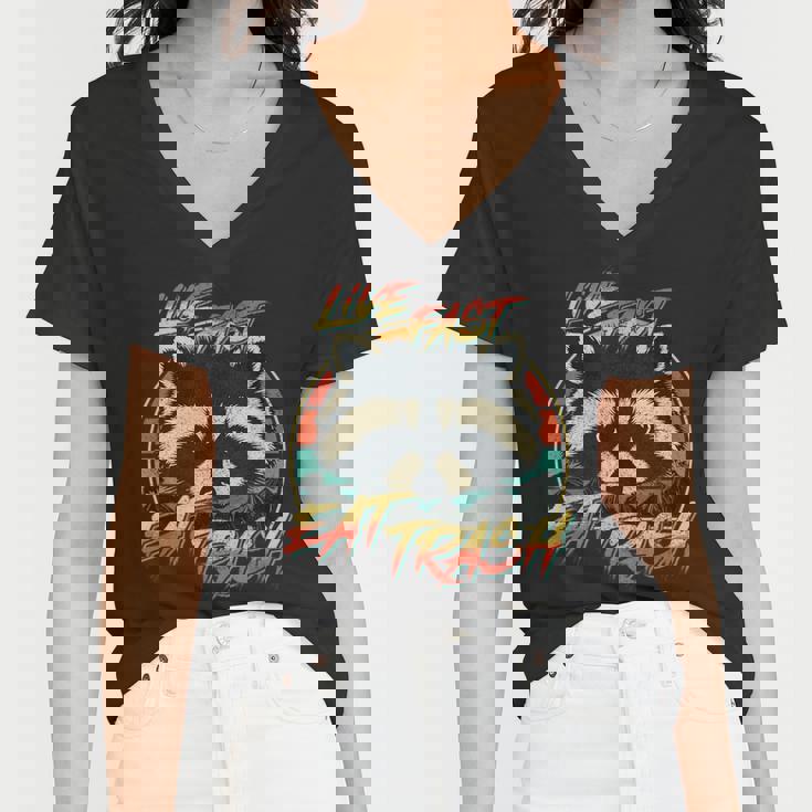 Retro Raccoon Women's V-Neck T-Shirt - Live Fast, Eat Trash