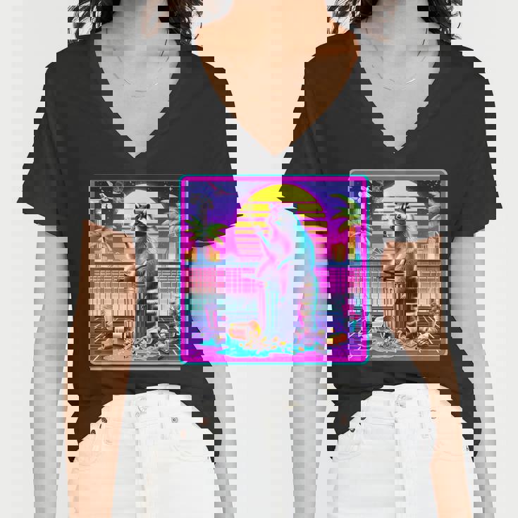 Vaporwave Raccoon Vibe - Women's V-Neck Tee | Synthwave & Meme Chic