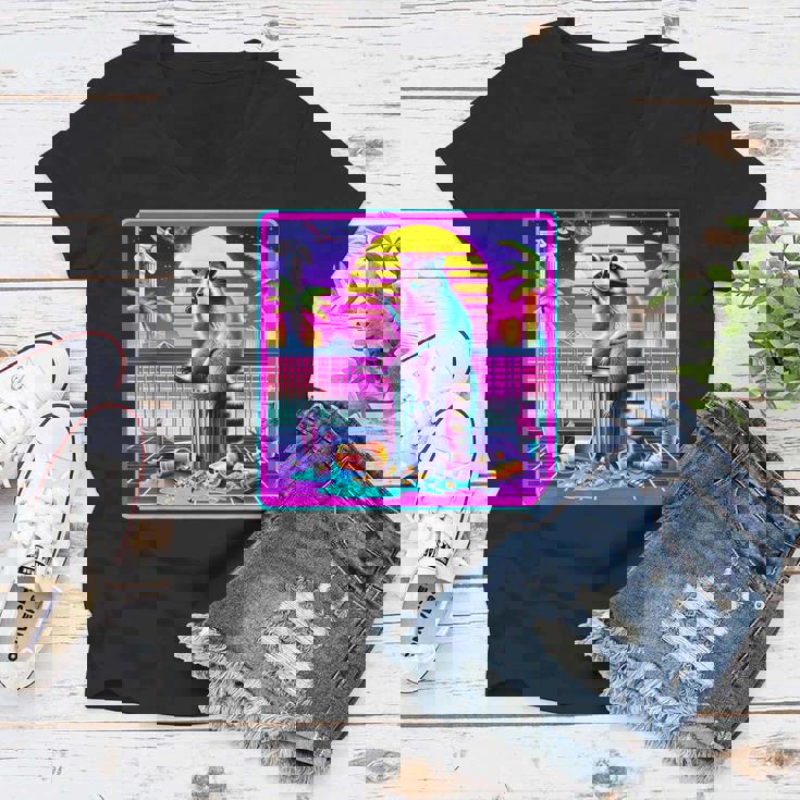 Vaporwave Raccoon Vibe - Women's V-Neck Tee | Synthwave & Meme Chic