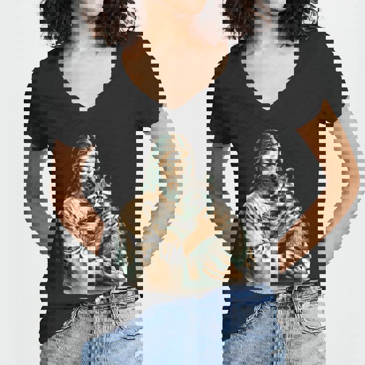 Distressed Jesus & Raccoon Women's V-Neck | Vintage Faith Tee