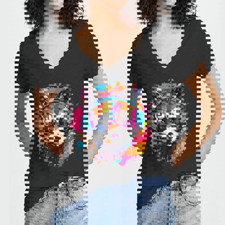 Retro Raccoon Women's V-Neck T-Shirt - Colorful Headphones Design