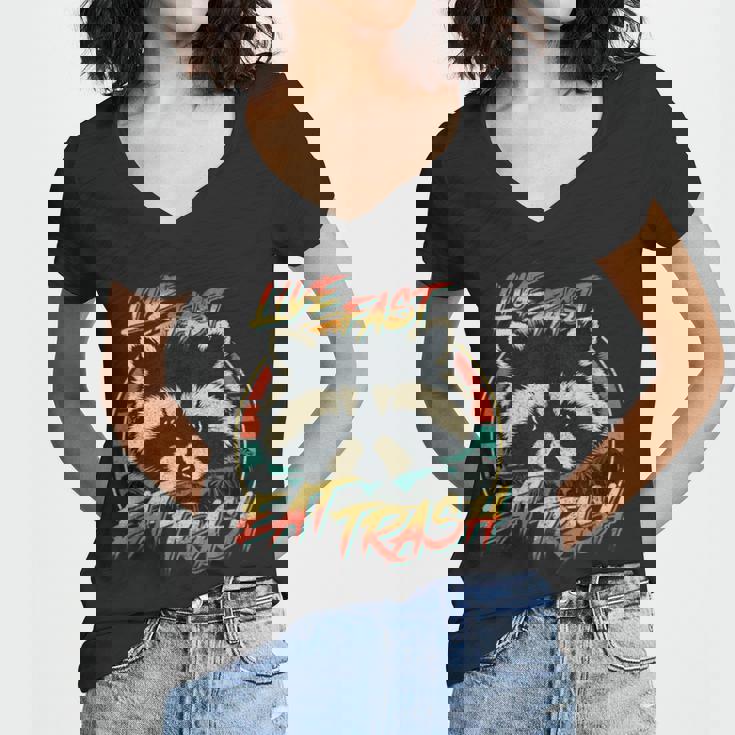 Retro Raccoon Women's V-Neck T-Shirt - Live Fast, Eat Trash