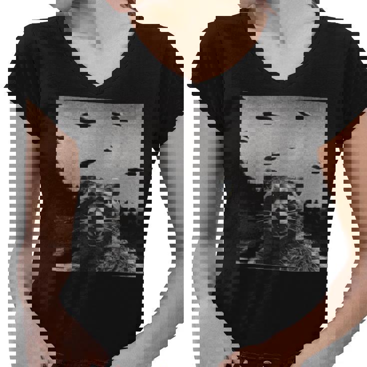 Alien UFO Raccoon Women's Fun V-Neck T-Shirt | Galactic Style