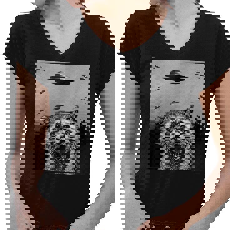 Alien UFO Raccoon Women's V-Neck T-Shirt - Fun Gift for All Ages