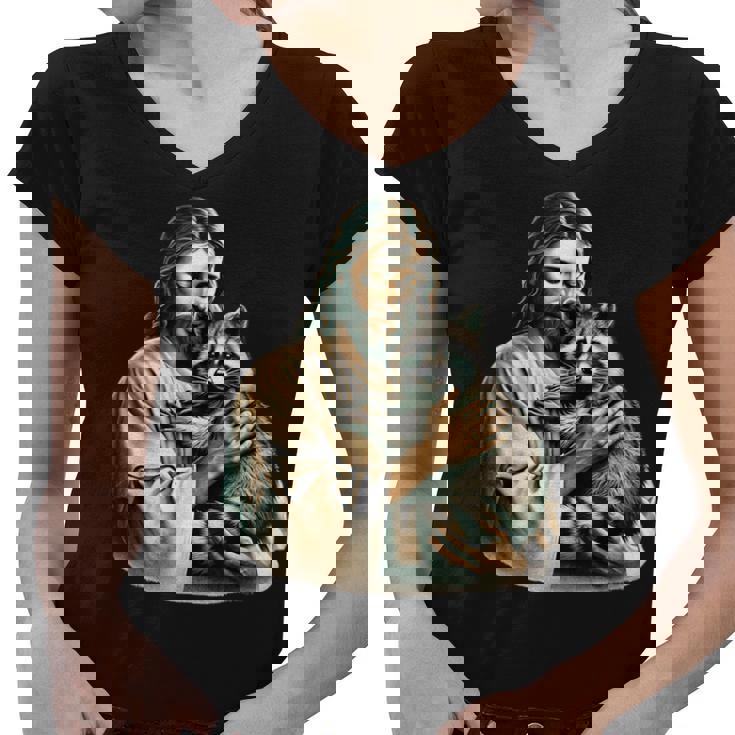 Distressed Jesus & Raccoon Women's V-Neck | Vintage Faith Tee