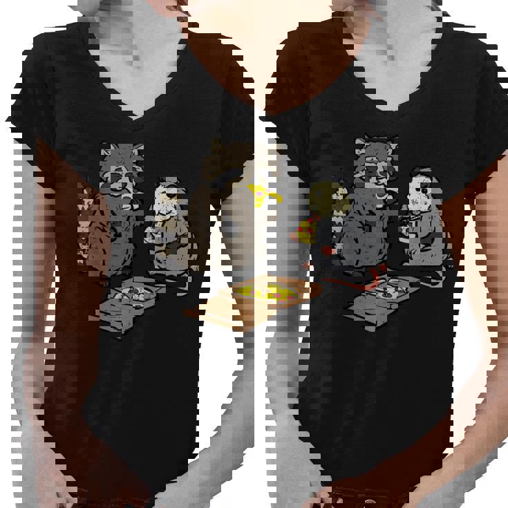 Raccoon & Opossum Pizza Party Women's V-Neck T-Shirt - Fun Animal Design