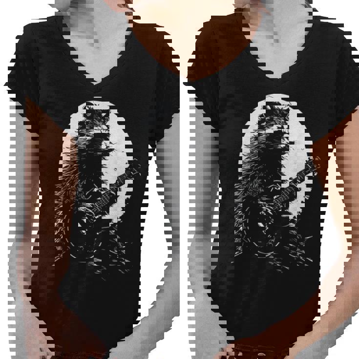 Racoon Playing Guitar With Moon Raccoon Meme Guitarist Women's V-Neck T-Shirt