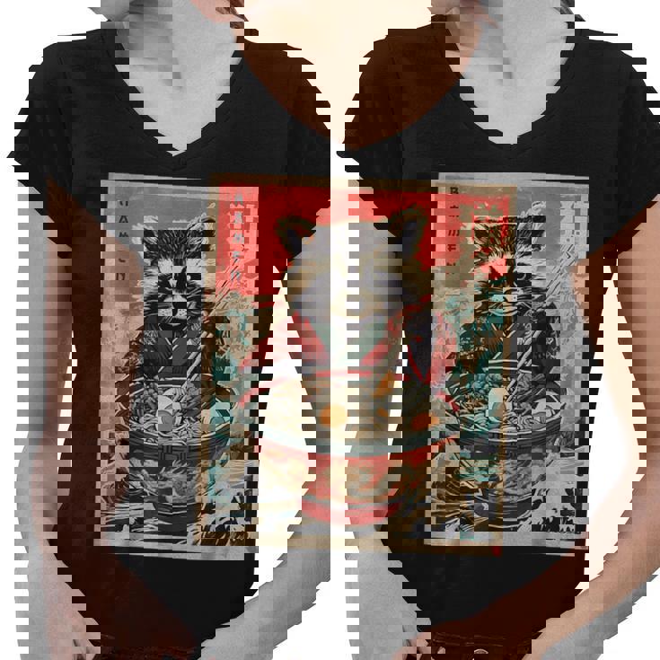 Ramen Noodle Raccoon Women's V-Neck T-Shirt - Fun Anime Flair