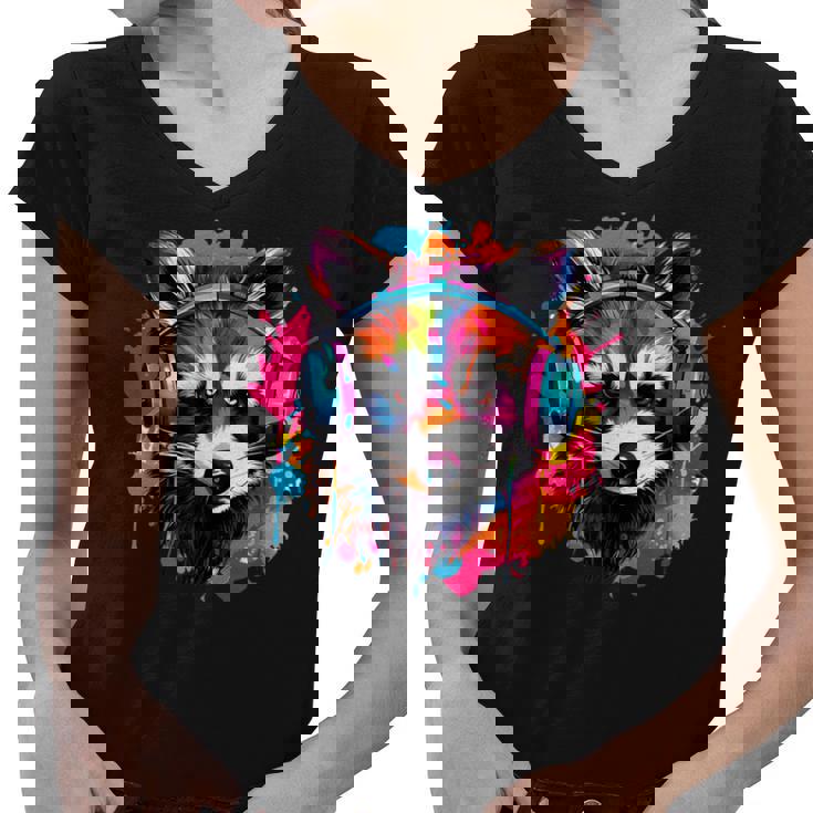 Retro Raccoon Women's V-Neck T-Shirt - Colorful Headphones Design