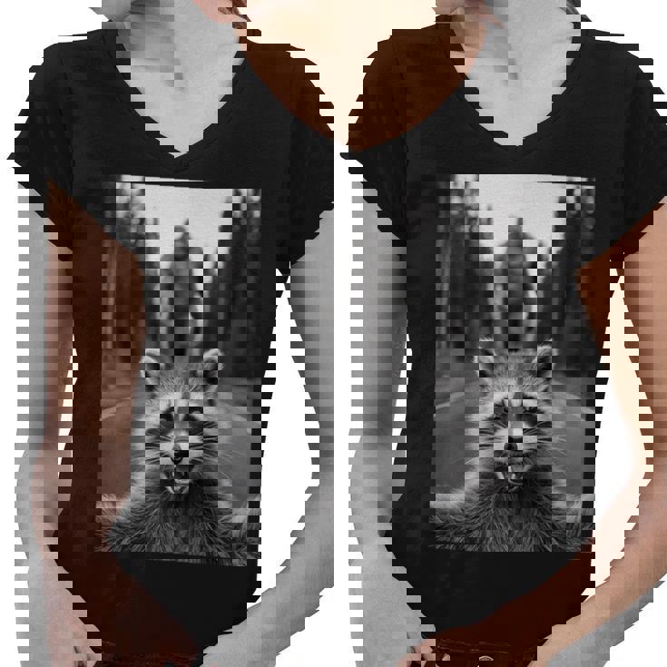 Scared Raccoon & Sasquatch Women's V-Neck T-Shirt | Quirky Wildlife Design