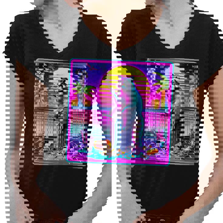 Vaporwave Raccoon Vibe - Women's V-Neck Tee | Synthwave & Meme Chic